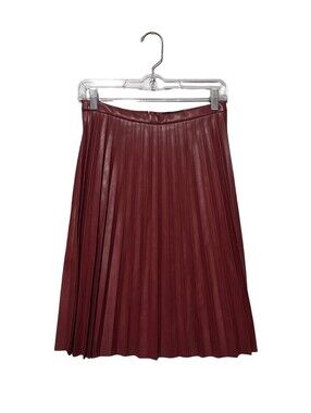 J.CREW Midi Skirt Womens Petite Size 0 Burgundy Faux Leather Pleated Academia